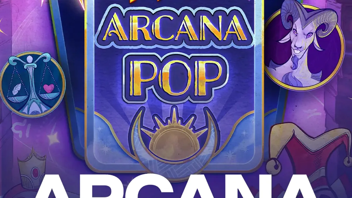 Arcana Pop slot machine interface with tarot theme and neon aesthetic