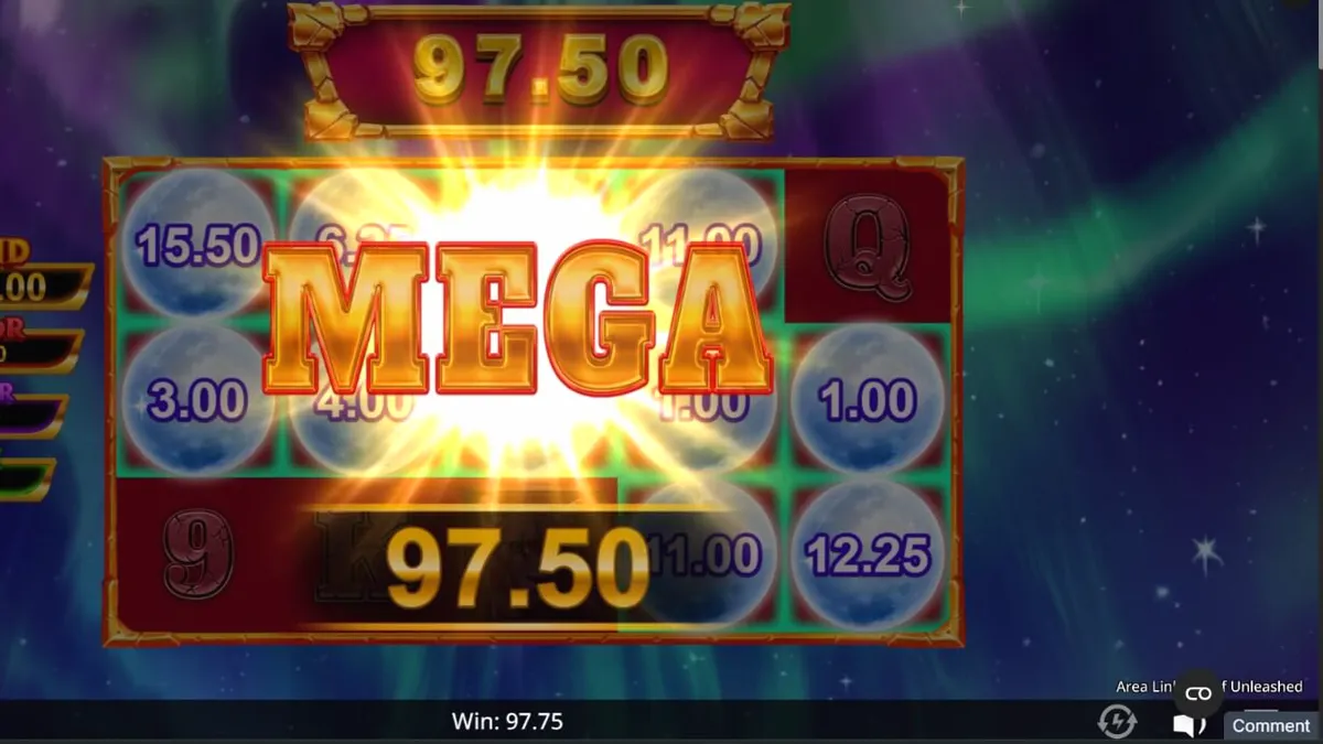 Pemandangan hutan bersalju dengan cahaya Aurora Borealis di slot Area Link Wolf Unleashed