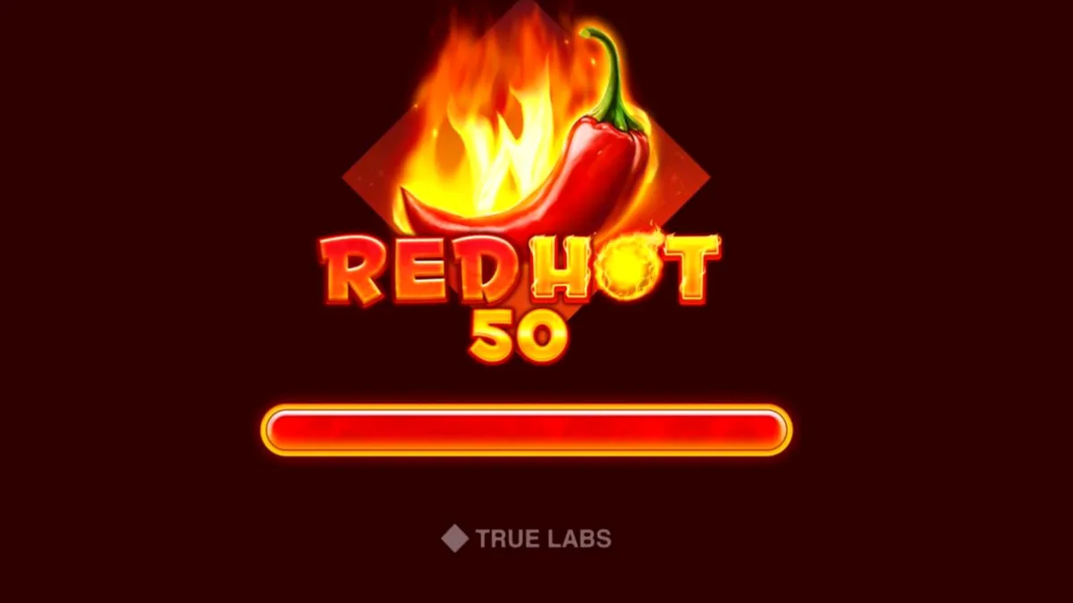 Tampilan visual slot Red Hot 50 dengan simbol buah dan efek api yang membara